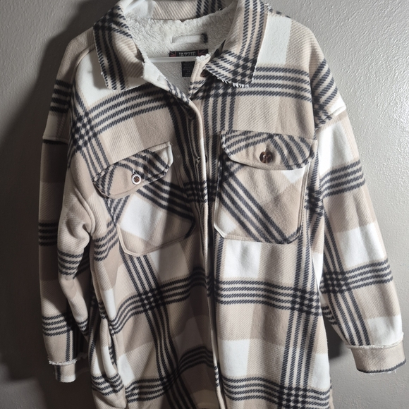 Plaid Teddy Jacket - Cream and Tan - Picture 1 of 5